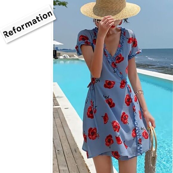 Reformation Garnet Wrap Dress Pelyana V-Neck Floral Print Dress In Blue Ref Sz S - Picture 3 of 16